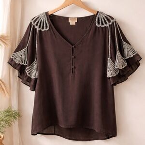 Boyoud boho beaded shoulder blouse extra small brown festival top embellished